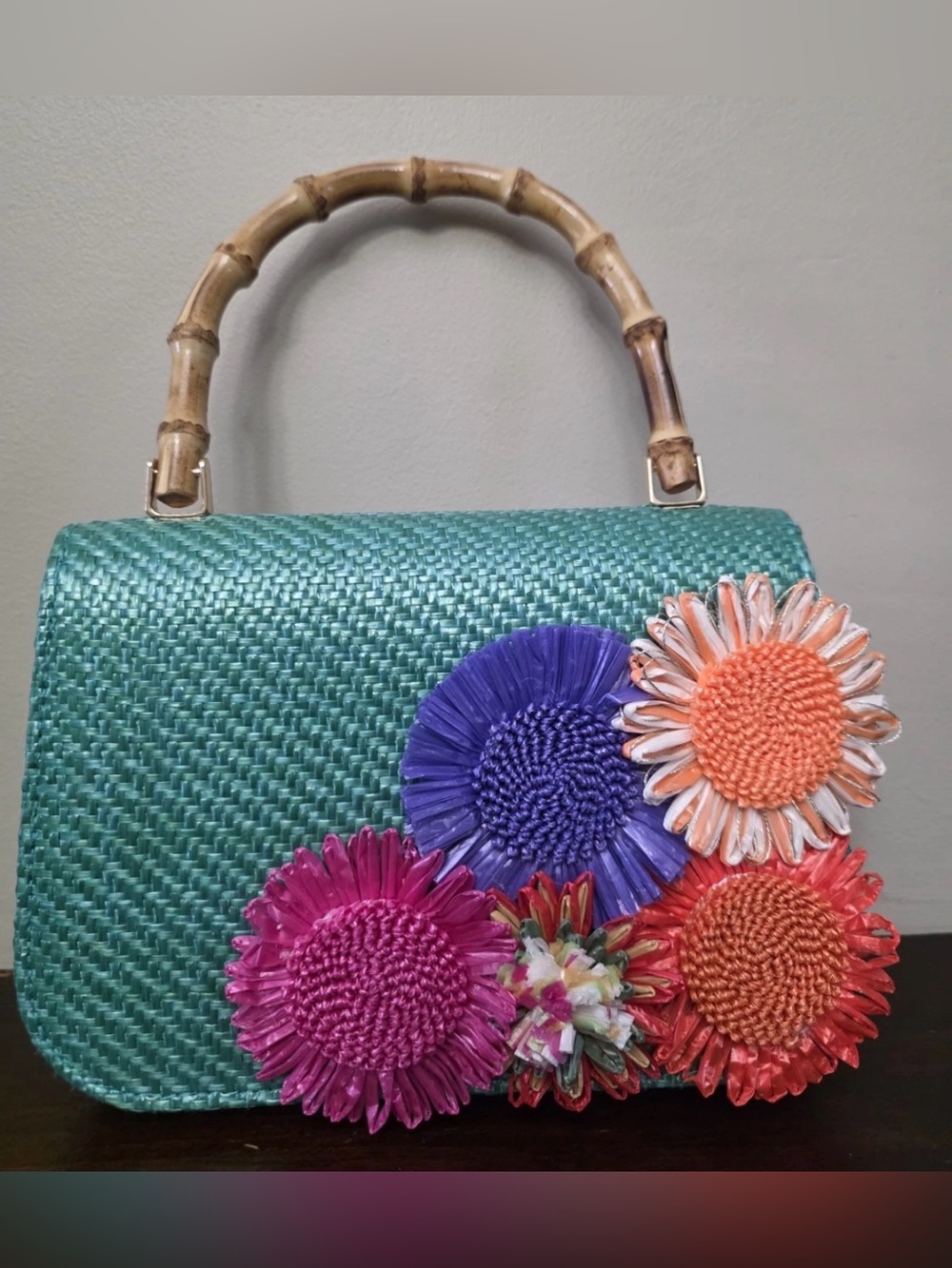 Haute Hippie Straw Purse Colorful Flower Accent Bamboo Top Handle Bag Satchel
